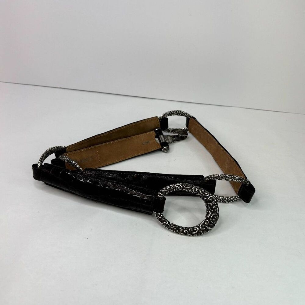 Brighton Classic Leather Croc Brown Oval Belt Interlock Engraved Silver Womens